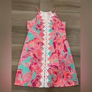 Lilly Pulitzer Poolside Blue Love Birds Print Pearl Shift Dress Sun Dress Sz 14